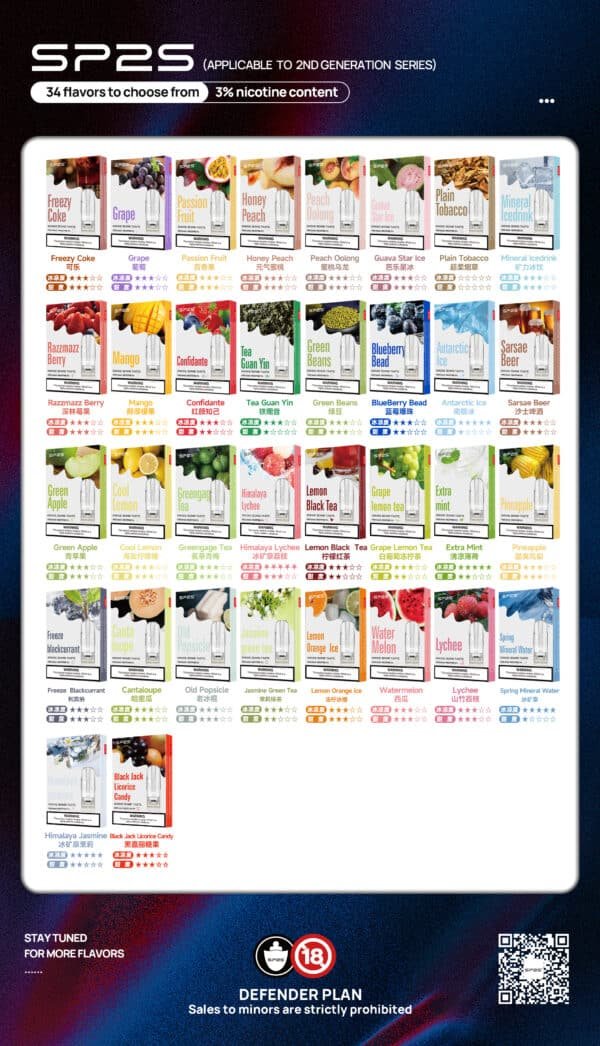 SP2S 一代煙彈全口味展示圖，多款水果與茶系風味整齊排列