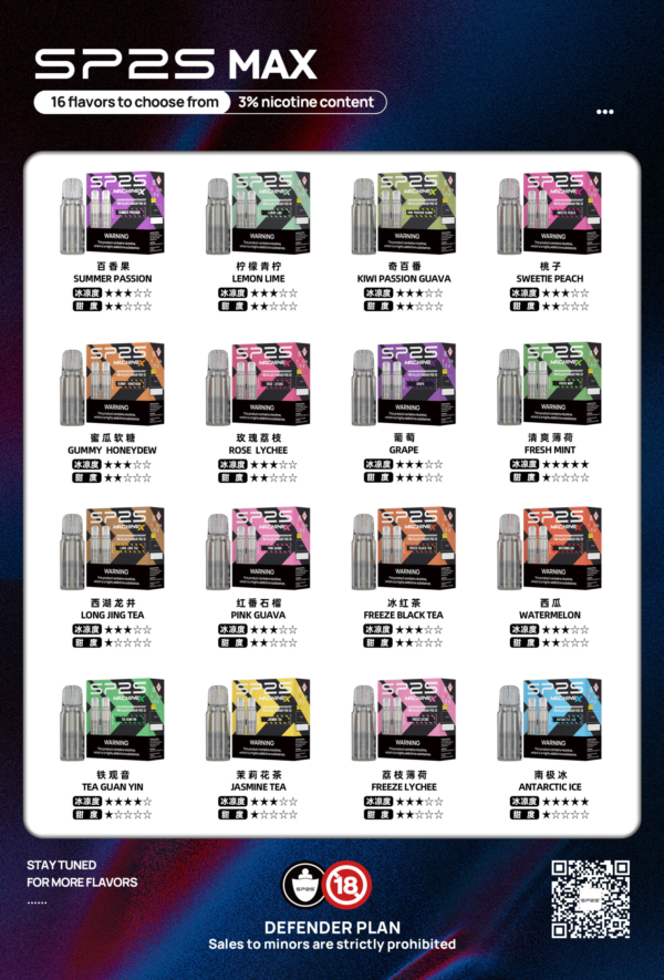 SP2S MAX 不同口味煙彈展示圖，方便挑選適合風味